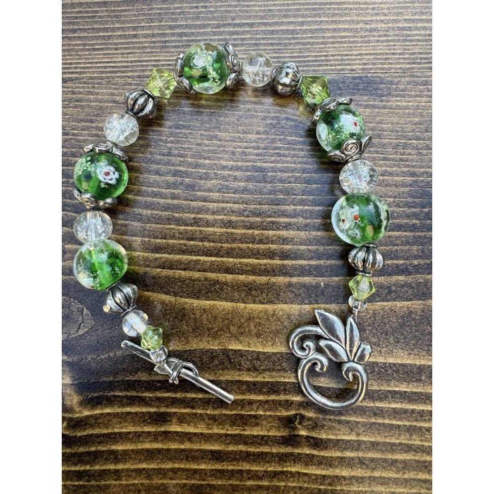 Green‎ Lampwork Millefiori Glass Beaded Bracelet Silver Tone Toggle Clasp 7in